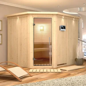 Koop Online Systeemsauna Malin met dakkraag, transparent glazen deur + 9 kW Bio-Combi-kachel met ext. besturing