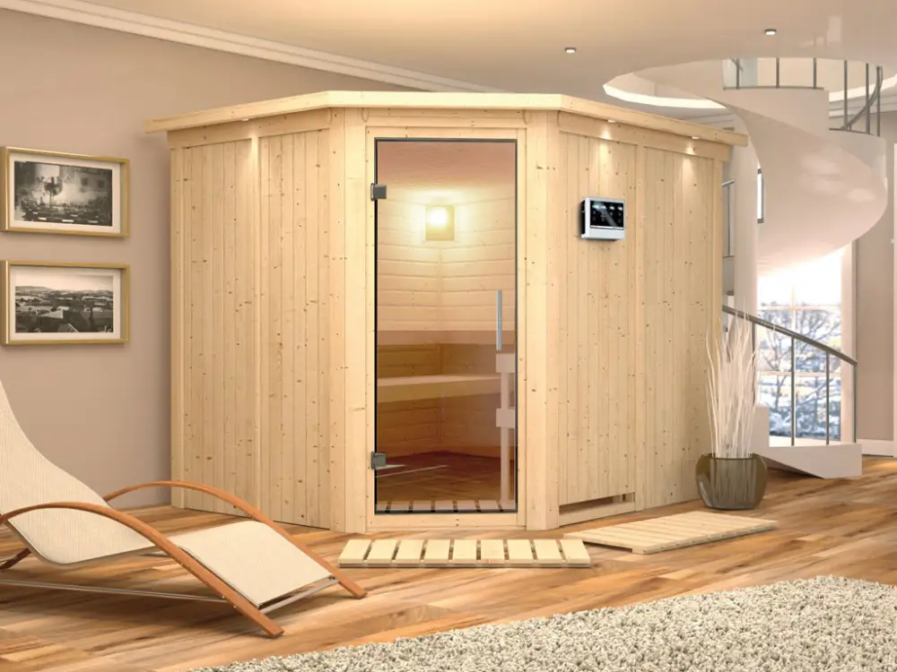 Koop Online Systeemsauna Malin met dakkraag, transparent glazen deur + 9 kW Bio-Combi-kachel met ext. besturing
