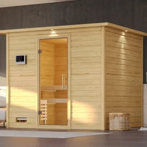 Snelle Levering Massieve sauna Sonara met dakkraag, transparent glazen deur+9kW Bio-Combi-kachel met ext. besturing