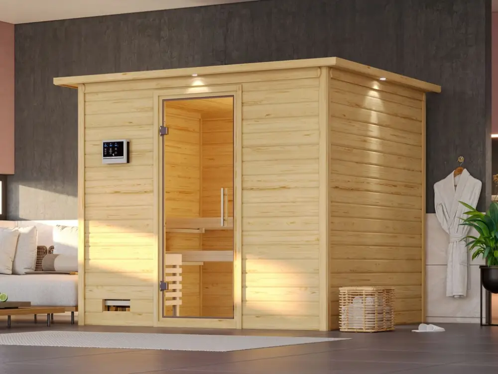Snelle Levering Massieve sauna Sonara met dakkraag, transparent glazen deur+9kW Bio-Combi-kachel met ext. besturing