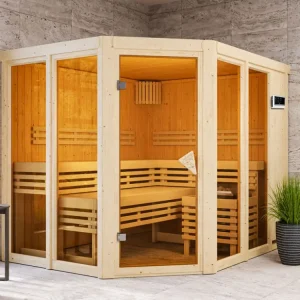 Seizoensaanbieding Sauna Ainur met gebronsde glazen deur + 9 kW saunakachel ext. besturing