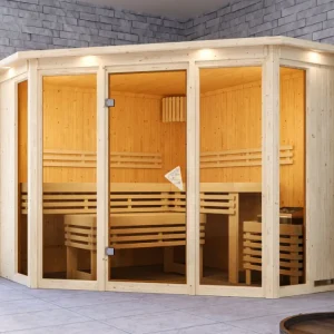 Sauna Alcinda met gebronsde glazen deur en dakkraag + 9 kW saunakachel int. besturing Uitverkoop
