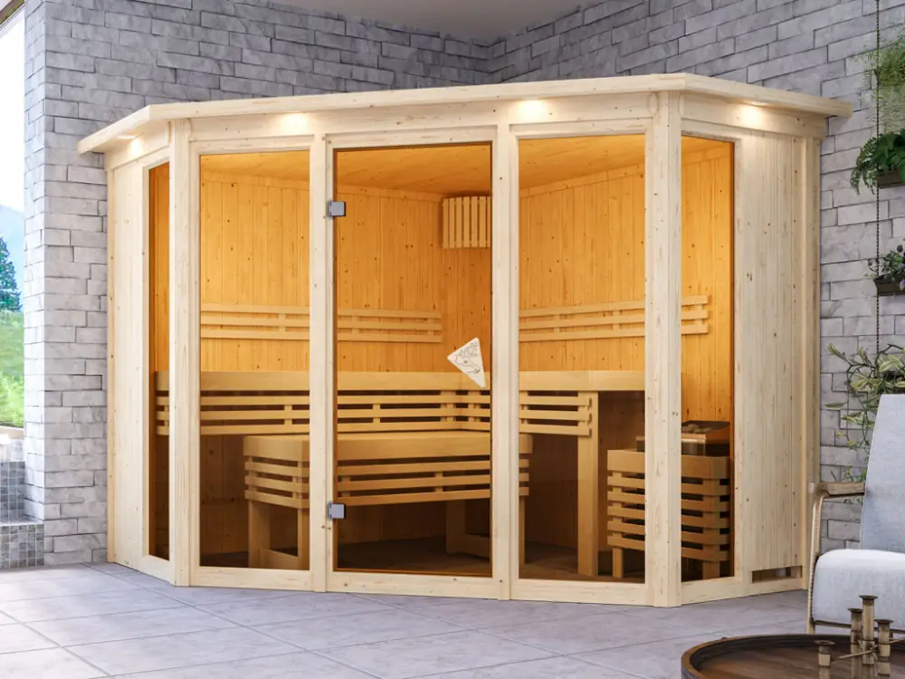 Sauna Alcinda met gebronsde glazen deur en dakkraag + 9 kW saunakachel int. besturing Uitverkoop