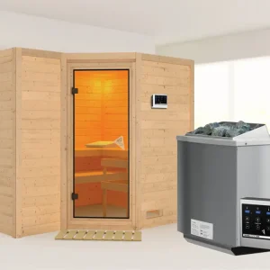 Hete Deal Massieve sauna Sahib 2 kompleet transparente gebronsde glazen deur incl. 9 kW Bio-kachel