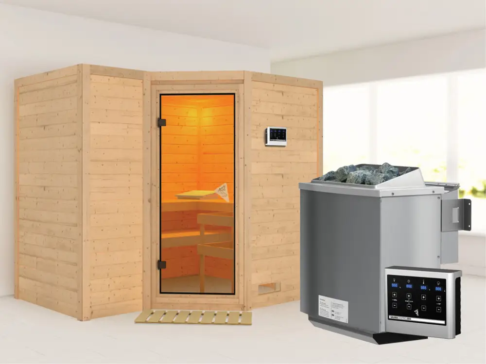 Hete Deal Massieve sauna Sahib 2 kompleet transparente gebronsde glazen deur incl. 9 kW Bio-kachel