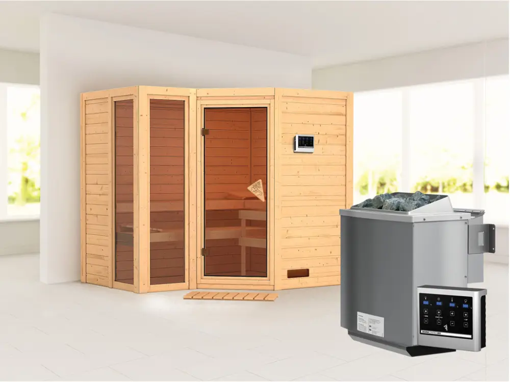 Dagaanbieding Massieve sauna Amara incl. 9 kW Bio-Combi-kachel ext. besturing