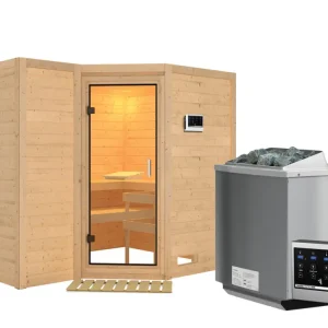 Massieve sauna Sahib 2 transparent glazen deur + 9 kW Bio-Combi-kachel met ext.besturing Seizoensaanbieding
