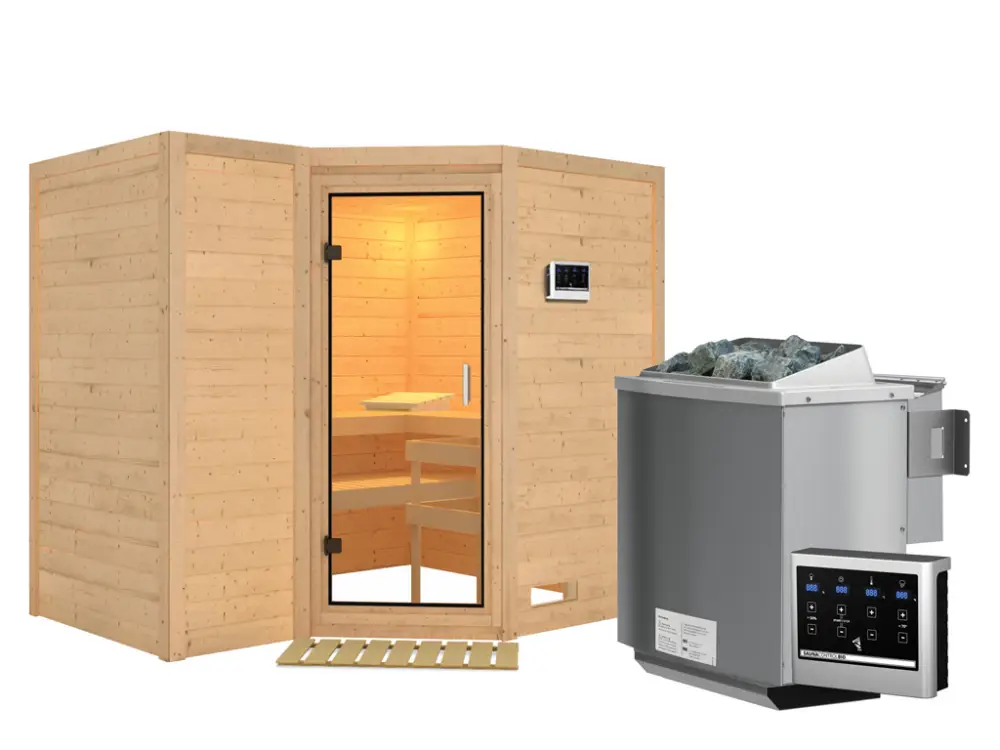 Massieve sauna Sahib 2 transparent glazen deur + 9 kW Bio-Combi-kachel met ext.besturing Seizoensaanbieding