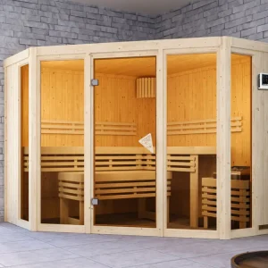 Direct Beschikbaar Sauna Alcinda met gebronsde glazen deur + 9 kW saunakachel ext. besturing