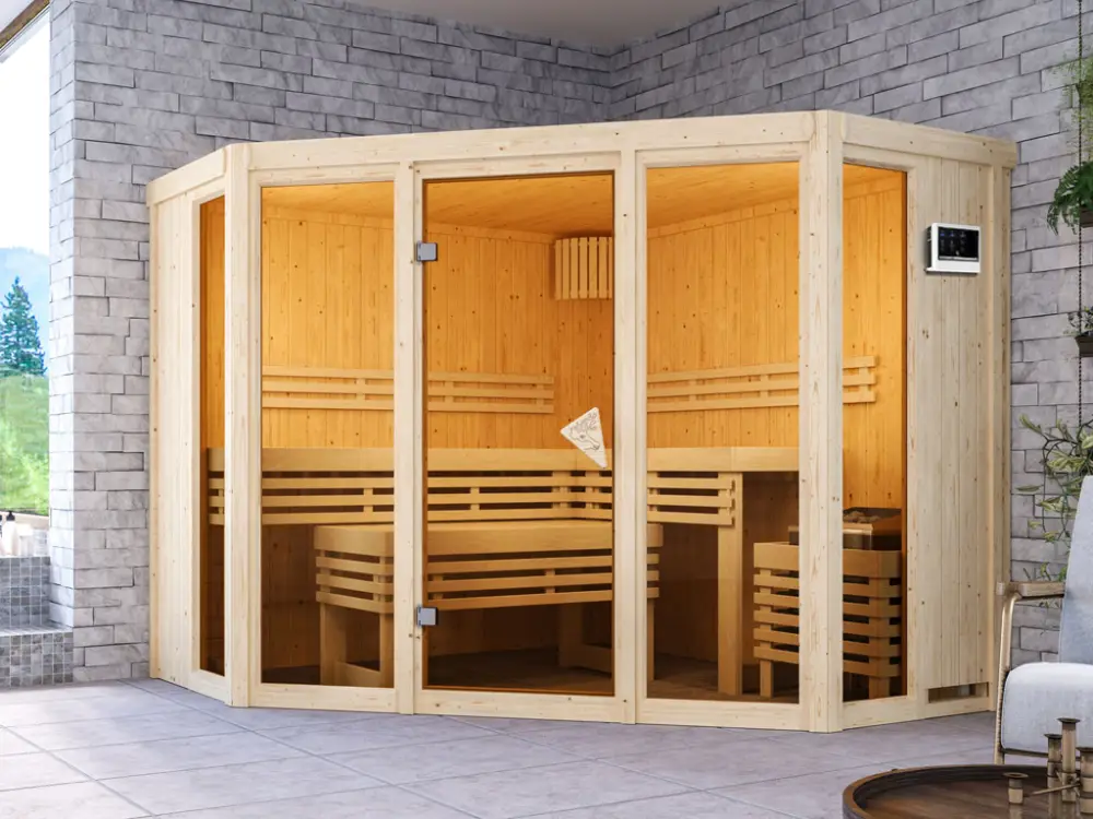 Direct Beschikbaar Sauna Alcinda met gebronsde glazen deur + 9 kW saunakachel ext. besturing