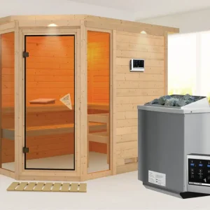 Hoge Kwaliteit Massieve sauna Sinai 3 met dakkraag, incl. 9 kW Bio-Combi-kachel ext. besturing