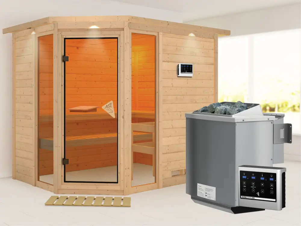 Hoge Kwaliteit Massieve sauna Sinai 3 met dakkraag, incl. 9 kW Bio-Combi-kachel ext. besturing