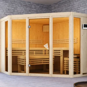 Sauna Alcinda met gebronsde glazen deur + 9 kW Bio-Combi-kachel met ext. besturing Direct Beschikbaar