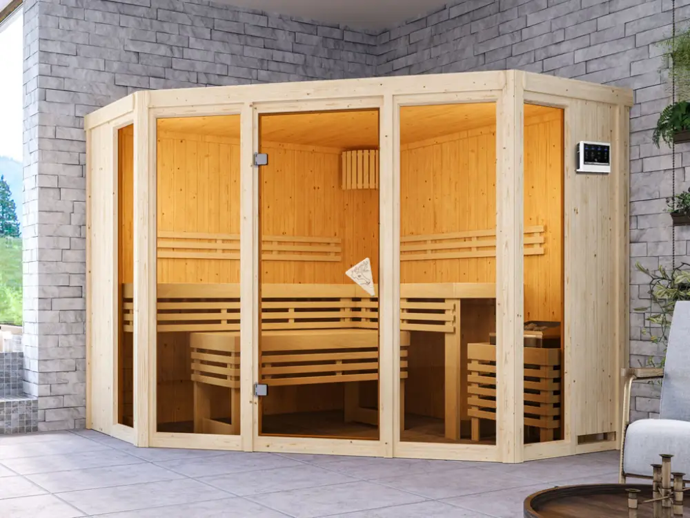Sauna Alcinda met gebronsde glazen deur + 9 kW Bio-Combi-kachel met ext. besturing Direct Beschikbaar
