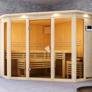 Express Levering Sauna Alcinda met gebronsde glazen deur en dakkraag + 9 kW Bio-Combi-kachel met ext. besturing
