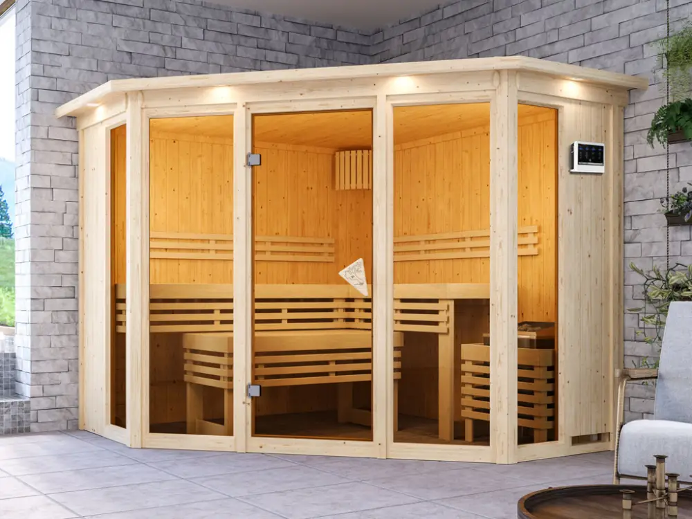 Express Levering Sauna Alcinda met gebronsde glazen deur en dakkraag + 9 kW Bio-Combi-kachel met ext. besturing