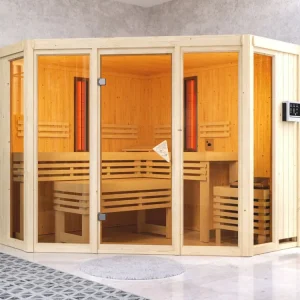 Direct Beschikbaar Multifunktionssauna Asta met gebronsde glazen deur + 9 kW saunakachel ext. besturing