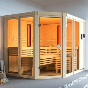 Premium Multifunktionssauna Ava met gebronsde glazen deur + 9 kW Bio-Combi-kachel ext. besturing