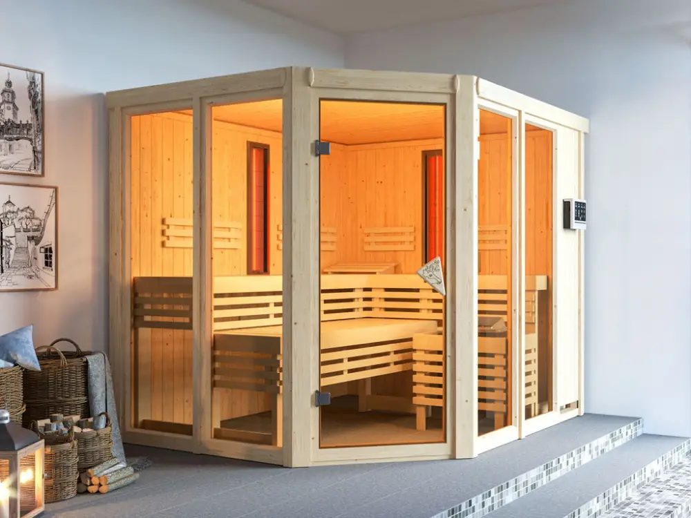 Premium Multifunktionssauna Ava met gebronsde glazen deur + 9 kW Bio-Combi-kachel ext. besturing