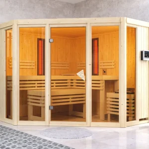 Multifunktionssauna Asta met gebronsde glazen deur + 9 kW Bio-Combi-kachel ext. besturing Merkproduct