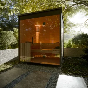 Hoge Kwaliteit Tuinsauna Lilly zwart SPARSET 9 kW kachel en externe bediening.