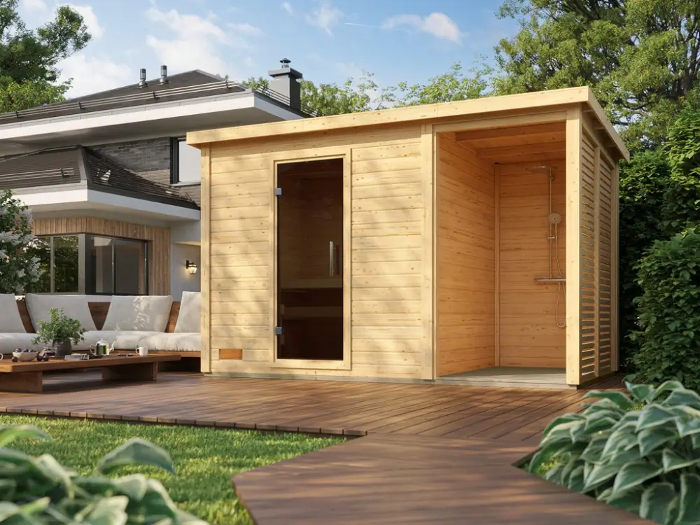 Voordeelset buitensauna Lene 3 incl. 9 kW bio-combikachel met externe besturing Express Levering