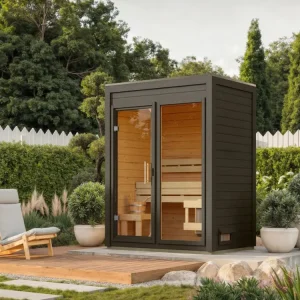 Merkproduct Buitensauna View terragrau met helderglasdeur