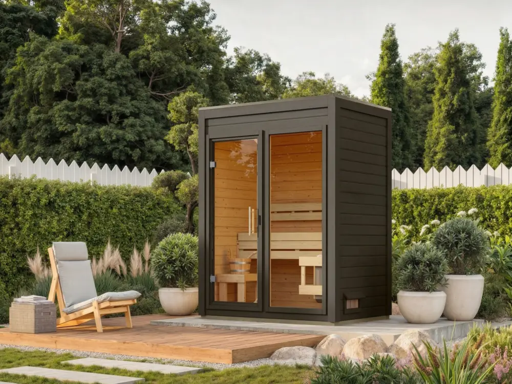 Merkproduct Buitensauna View terragrau met helderglasdeur