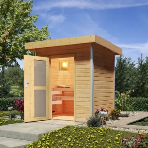 Buitensauna Roger met moderne deur, onbehandeld hout, incl. 9 kW saunakachel Koopje