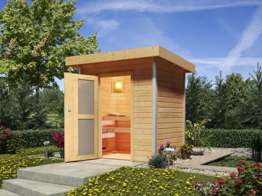 Buitensauna Roger met moderne deur, onbehandeld hout, incl. 9 kW saunakachel Koopje