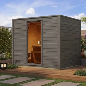 Alleen Vandaag Voordeelset buitensauna Lenchen 3 terragrijs met 9 kW saunakachel en externe besturing