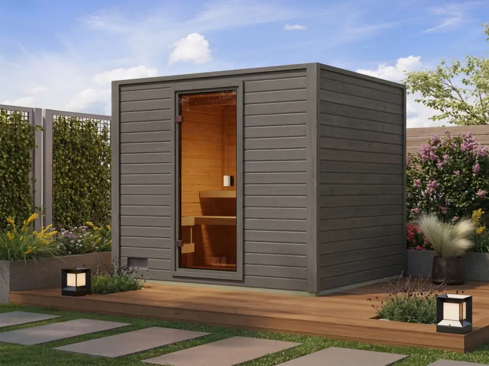 Alleen Vandaag Voordeelset buitensauna Lenchen 3 terragrijs met 9 kW saunakachel en externe besturing