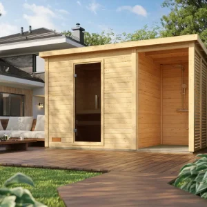 Merkproduct Saunahuis Lene 3 naturel 38 mm met doucheaanbouw en grafiet glazen deur