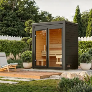 Voordeelset buitensauna View terragrau met 9 kW bio-combikachel en externe besturing Bestseller