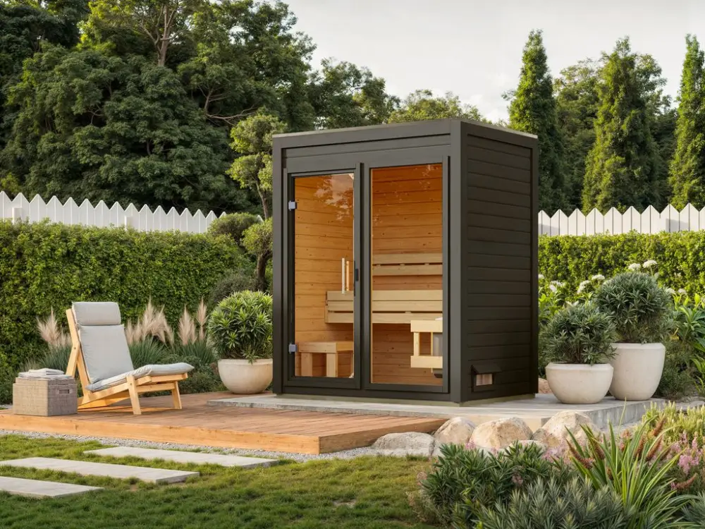 Voordeelset buitensauna View terragrau met 9 kW bio-combikachel en externe besturing Bestseller