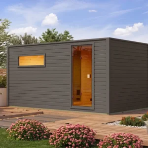 Buitensauna Lenchen 6 terragrijs met voorruimte en bronzen volledig glazen deur Express Levering