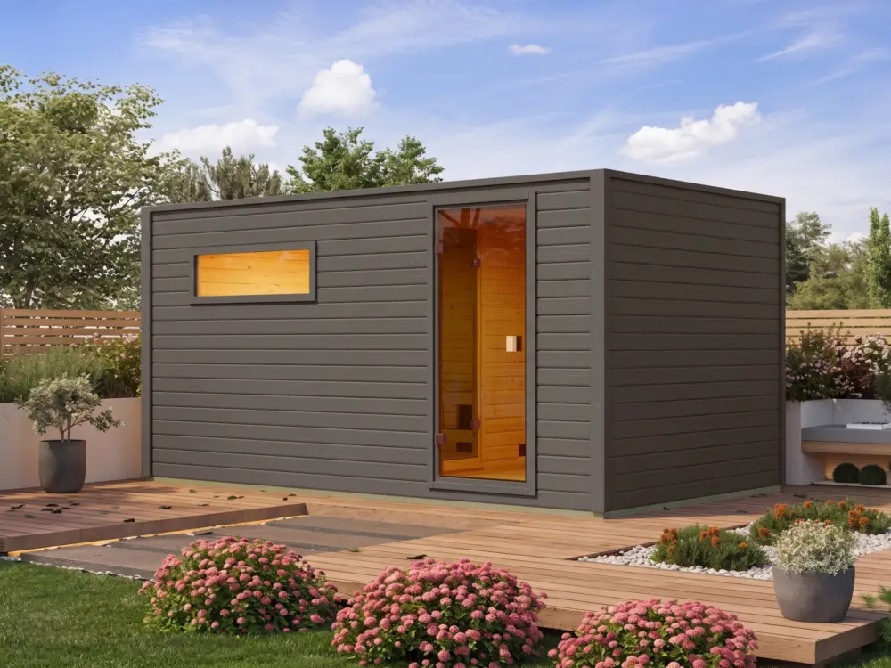 Buitensauna Lenchen 6 terragrijs met voorruimte en bronzen volledig glazen deur Express Levering