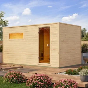 Voordeelset buitensauna Lenchen 6 natur met 9 kW saunakachel en externe besturing Voordeelprijs