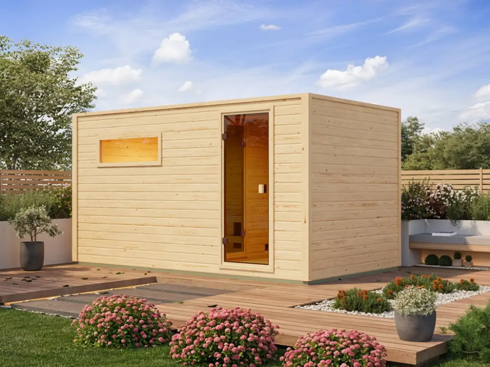 Voordeelset buitensauna Lenchen 6 natur met 9 kW saunakachel en externe besturing Voordeelprijs