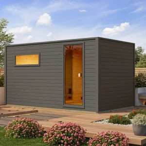 Voordeelset buitensauna Lenchen 6 terragrijs met 9 kW bio-combikachel en externe besturing Direct Verzonden