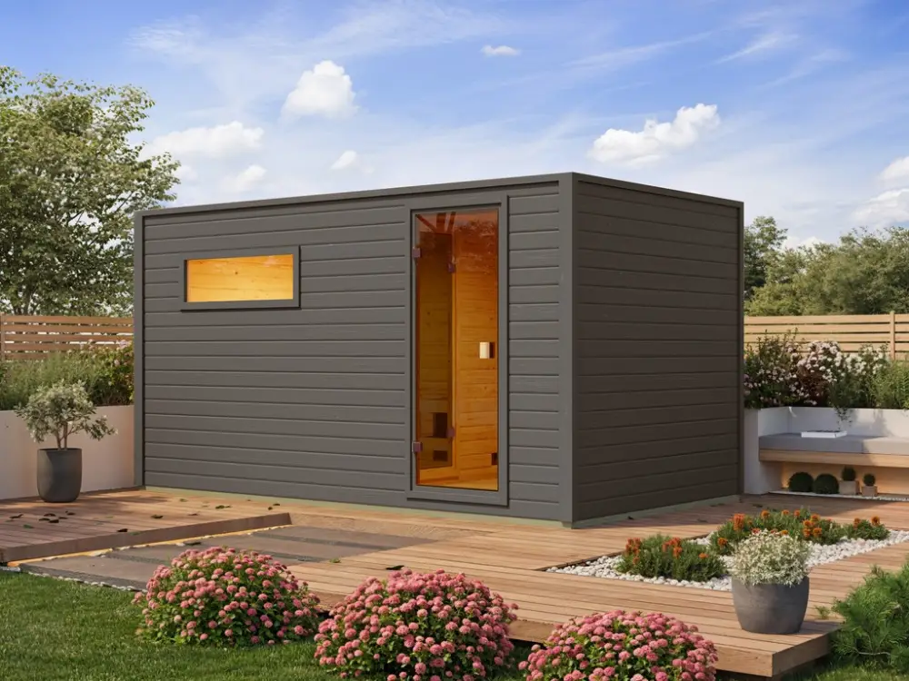 Voordeelset buitensauna Lenchen 6 terragrijs met 9 kW bio-combikachel en externe besturing Direct Verzonden
