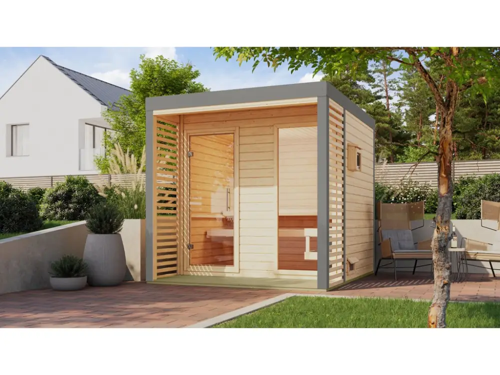 Flitsaanbieding Buitensauna Ares 2, 38 mm massief hout, onbehandeld – grijs aluminium