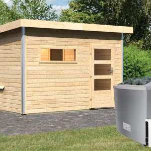 Finale Uitverkoop Saunahuis Skrollan 2 met transparente glazen deur & voorkamer, incl. 9kW saunakachel ext. besturing