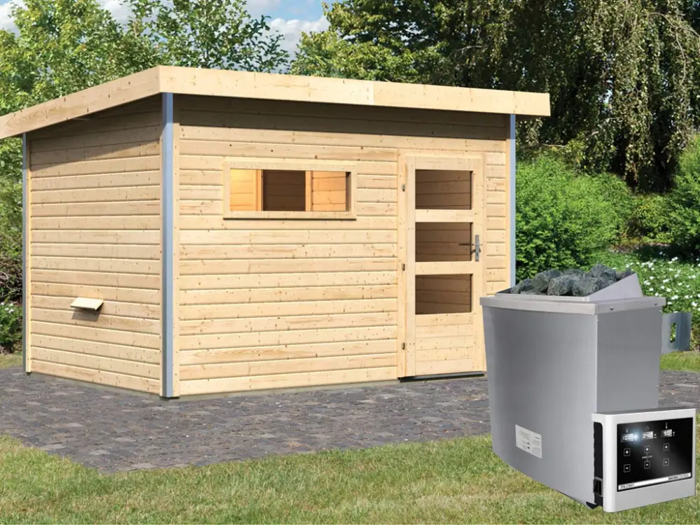 Finale Uitverkoop Saunahuis Skrollan 2 met transparente glazen deur & voorkamer, incl. 9kW saunakachel ext. besturing