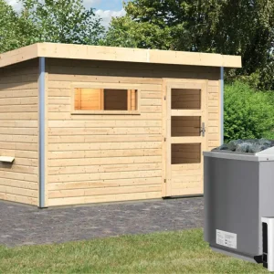 Snelle Levering Saunahuis Skrollan 1 met transparente glazen deur & voorkamer, incl. 9kW Bio-Combi-kachel met