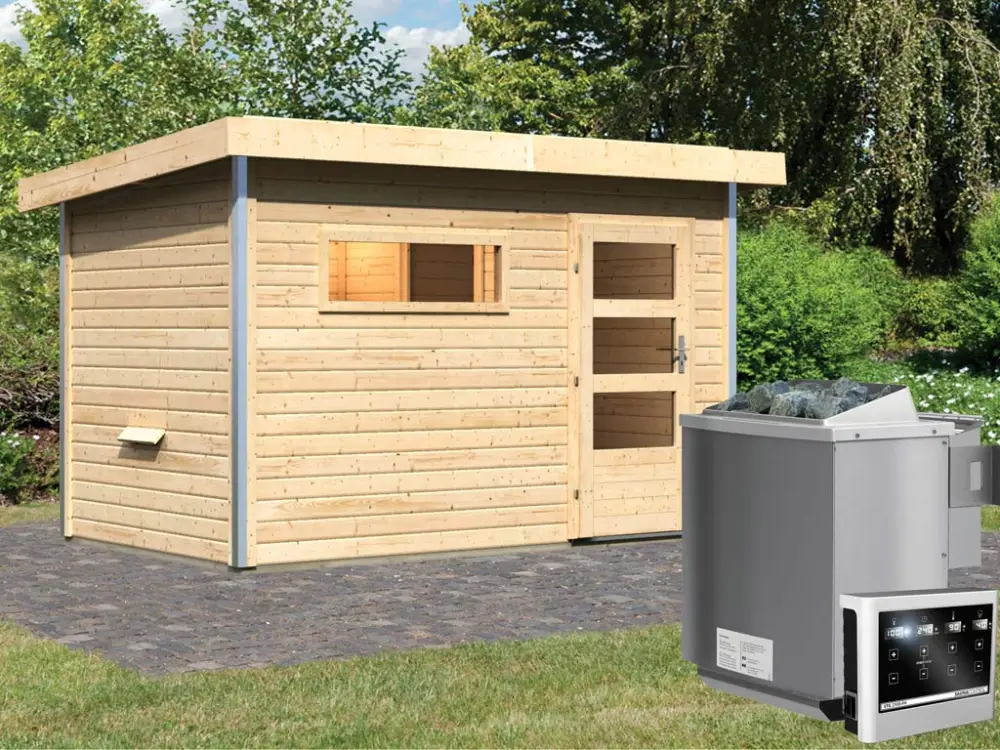 Snelle Levering Saunahuis Skrollan 1 met transparente glazen deur & voorkamer, incl. 9kW Bio-Combi-kachel met
