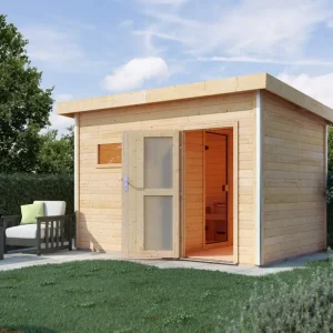 Saunahuis Skrollan 2 met matglazen deur & voorkamer, incl. 9 kW Bio-Combi-kachel met ext. besturing Direct Verzonden