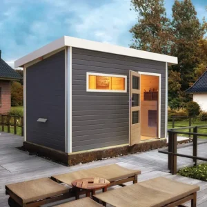 Saunahuis Skrollan 2 grijs met transparente glazen deur & voorkamer, incl. 9kW saunakachel met Direct Verzonden