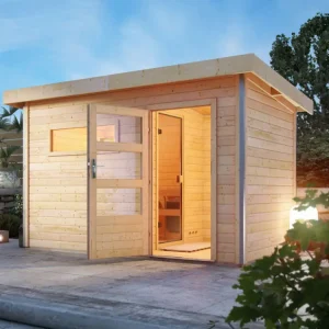 Korting Saunahuis Skrollan 3 met transparente glazen deur & voorkamer, incl. 9kW saunakachel ext. besturing