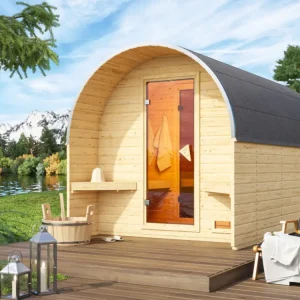 Barrel sauna 3 met voorkamer 38 mm blank hout Tijdelijk Beschikbaar
